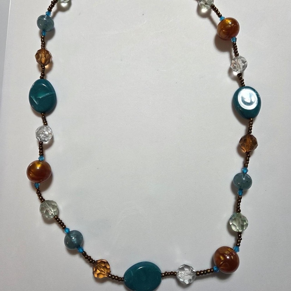 Teal Amber Beaded Necklace 24" Boho Statement Brown Clear Blue Mixed Beads
